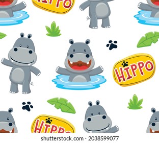 Vector de patrón sin foco de la ilustración de la caricatura de hippo