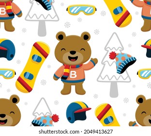 Seamless pattern vector of cartoon funny bear in winter coat with snowboard sport elements