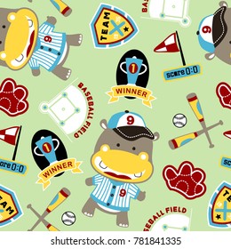Seamless pattern vector of cartoon funny hippo in baseball player costume. Baseball elements illustration