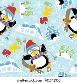 seamless pattern vector of cartoon funny penguin skiing, winter elements
