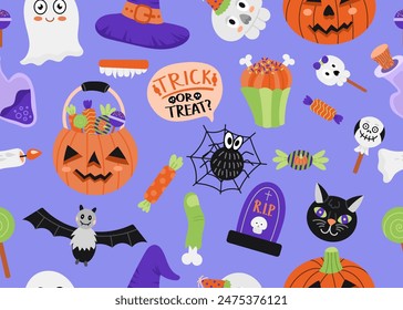 Seamless pattern vector cartoon illustration on Halloween theme. Colored flat design