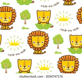 Seamless pattern vector of cartoon lion and lioness with crown and trees