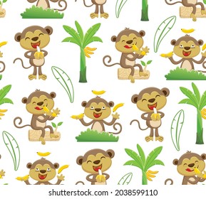 Seamless pattern vector of cartoon monkey with banana fruit, banana garden elements