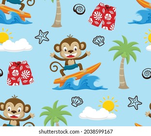 Seamless pattern vector of cartoon monkey surfboarding, summer beach vacation element