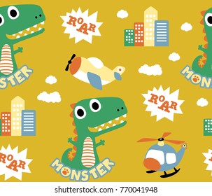 seamless pattern vector of cartoon monster with aircraft and buildings