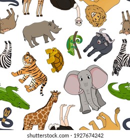 Seamless pattern of vector cartoon outline Savannah animals. Tiger lion rhinoceros, common warthog, African buffalo, tortoise chameleon, zebra ostrich, elephant, giraffe, crocodile, cobra for children