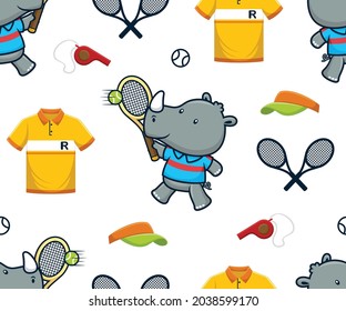 Seamless pattern vector of cartoon rhino playing tennis, court tennis sport elements