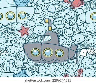 seamless pattern vector of cartoon submarine with marine animals