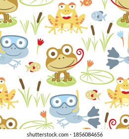 Seamless pattern vector of cartoon swamp animals with lotus