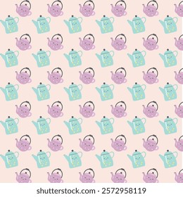 seamless pattern vector, cartoon teapots with happy face on beige background,cute teapot in flay style repeat pattern