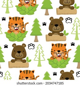 Seamless pattern vector of cartoon tiger with bear playing hide and seek in jungle