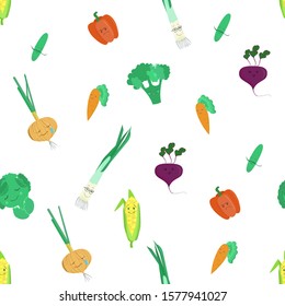 seamless pattern vector Cartoon vegetables, funny characters with different emotions   vegetables with eyes