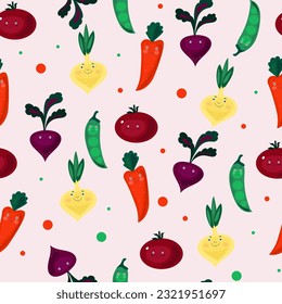 Seamless pattern Vector Cartoon vegetables eating for child, funny cute veggies characters, kawaii healthy food