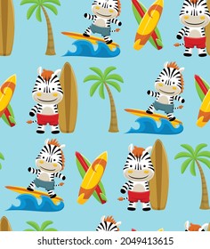 Seamless pattern vector of cartoon zebra surfing, sport beach elements