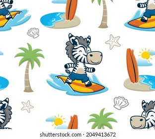 Vector de patrón sin foco de zebra surf con dibujos animados de elementos de vacaciones de playa de verano