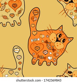 Seamless pattern. Vector. Cat - hand drawn vector llustration. Tracing at black, orange and yellow colors. Use for desing, textiles, wallpaper, trendy prints on clothes. Decor for clothing design.