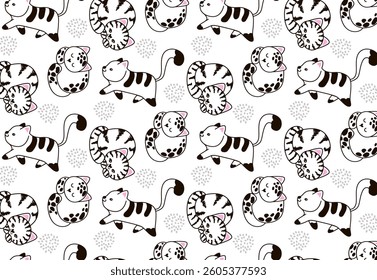 Seamless pattern of vector cats in funny poses. Animal seamless background, cute vector texture for bedding, fabric, wallpaper, wrapping paper, textile, t-shirt printing