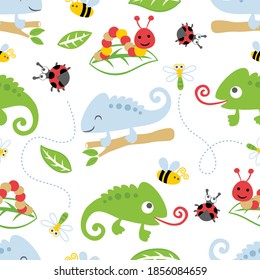 Seamless pattern vector of chameleon cartoon with bugs and leaves