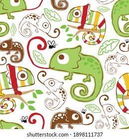 Seamless pattern vector of chameleon cartoon with fly and leaves
