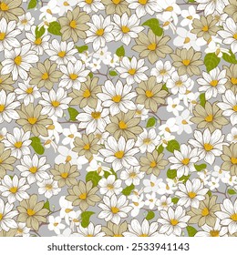 Seamless pattern vector of cheerful daisies and chamomiles in a vibrant garden setting, showcasing the beauty of spring and summer blooms  for wallpaper, textiles, bedding, background, and packaging