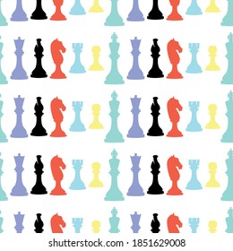 Seamless pattern with vector chess pieces of different colors on a white background.Endless ornament for fabric,invitations, wrapping paper, cards and other materials.
