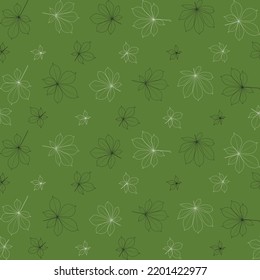 Seamless pattern of vector chestnut leaf outline. Simple outline chestnut leaves pattern for fabric and background. Realistic hand drawn leaves illustration on green background.