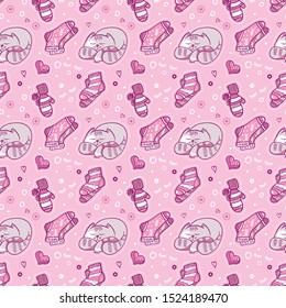 Seamless pattern.  Vector. Child design. Socks, mittens, cat. Pink.