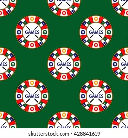 Seamless pattern of vector circle logo super game on green background. Desktop gambling chess, dominoes, cards.   