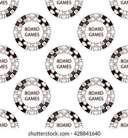 Seamless pattern of vector circle logo super game on white background. Desktop gambling chess, dominoes, cards.   
