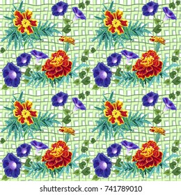 Seamless pattern vector cloth canvas mesh burlap green with scattered flowers marigolds and bindweed with leaves old-fashioned purple and orange bright