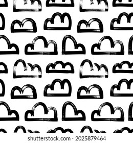 Seamless pattern with vector clouds. Hand-drawn black paint illustration. Stylized clouds motif. Abstract weather symbols on white background. Seamless for fabric, textile, wrapping paper.