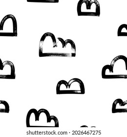 Seamless pattern with vector clouds. Hand-drawn black paint illustration. Stylized clouds motif. Abstract weather symbols on white background. Seamless for fabric, textile, wrapping paper.