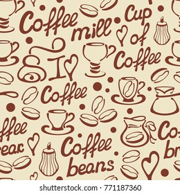 Seamless pattern with vector coffee elements and words. Suitable for wallpaper, wrapping or textile. EPS10