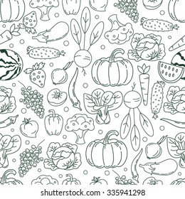 Seamless pattern Vector collection of fresh healthy fruits and vegetables in flat style. Healthy eating, diet, vegetarianism design elements.