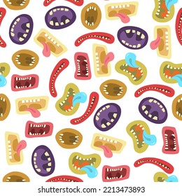 Seamless pattern. Vector collection of monsters scary mouthes with blue and pink tongue out for halloween parties. Wrapping and gift paper. Wallpaper. Tric or treat