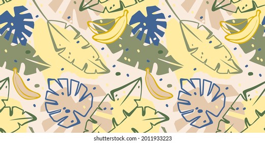 Seamless pattern. Vector color image. Banana leaves, monstera leaves, exotic plants.Tropical background. 