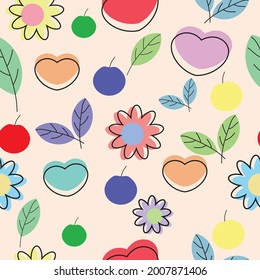 Seamless pattern vector. Colorful background of heart flower leaf and cherry ​in cute style