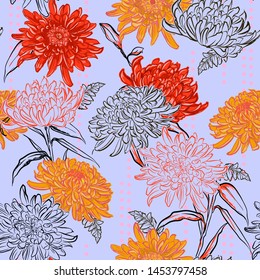 Seamless pattern in vector Colorful blooming blooming chrysanthemum layer with stripe polka dots design for fashion,fabric,web,wallpaper and all prints on light violet background color