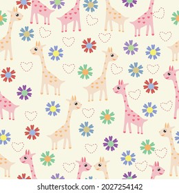Seamless pattern vector. Colorful cartoon giraffes ,flowers and heart shaped dotted line on pastel background