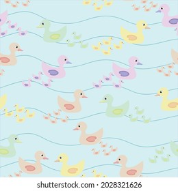 Seamless pattern vector. Colorful cartoon mother duck and ducklings in the pond on pastel background