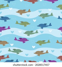 Seamless pattern vector. Colorful cartoon whales in the sea on pastel background
