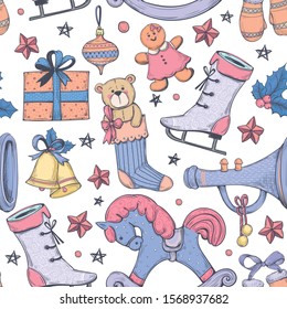 Seamless pattern of vector colorful Christmas decorations.Hand drawing socks,bell,stars and leaves,wood horse, balls,teddy bear, skates, pipe, present box.