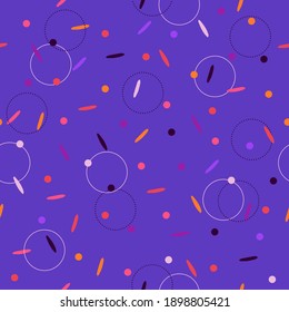 Seamless pattern in vector. Colorful elements. Sprinkles, confetti, carnival, cheerful, festive, tropical design. Fun print for kids and teens. For printing on fabrics and wrapping papers.