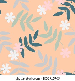 Seamless pattern vector of colorful flowers and leaves on orange pastel tone, for textile, decoration and/or surface design. 