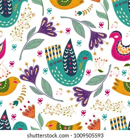 Seamless pattern vector colorful illustration with beautiful birds and flowers.. Scandinavian style. Folk art.