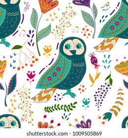 Seamless pattern vector colorful illustration with beautiful birds and flowers.. Scandinavian style. Folk art.