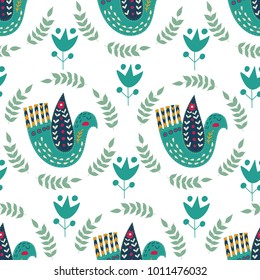 Seamless pattern vector colorful illustration with beautiful birds and flowers.. Scandinavian style. Folk art