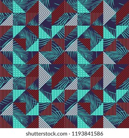 Seamless pattern vector with colorful palm leaves and geometric triangle. Background wallpaper for fashion textile print.