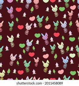 Seamless pattern vector. Colorful rabbits, hearts, house,tree  on red brown background ​in vintage and retro style