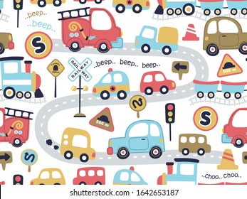 Seamless pattern vector of colorful vehicles cartoon, traffic elements illustration